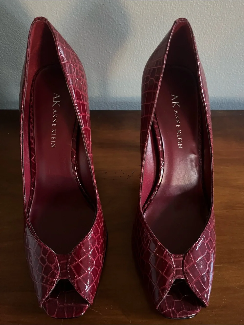 Anne Klein Red Croc-Embossed Peep-Toe Pumps